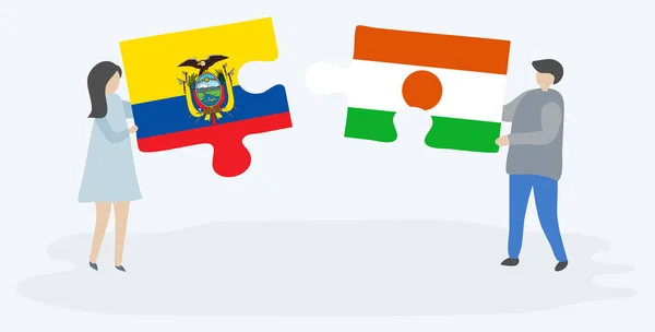 Casal Segurando Dois Quebra Cabeças Com Bandeiras Equatorianas Nigerianas Equador —  Vetores de Stock