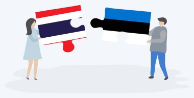Tay ve Estonya bayrakları ile iki bulmaca parçaları tutan çift. Tayland ve Estonya ulusal sembolleri birlikte.