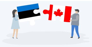 Estonya ve Kanada bayrakları ile iki bulmaca parçaları tutan çift. Estonya ve Kanada ulusal sembolleri birlikte.