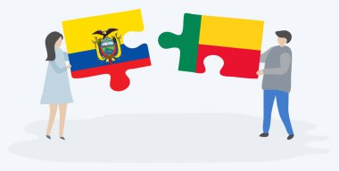 Ekvador ve Beninese bayrakları ile iki bulmaca parçaları tutan çift. Ekvador ve Benin ulusal sembolleri birlikte.