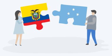 Ekvador ve Mikronezya bayrakları ile iki bulmaca parçaları tutan çift. Ekvador ve Mikronezya ulusal sembolleri birlikte.