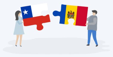 Şili ve Moldova bayrakları ile iki bulmaca parçaları tutan çift. Şili ve Moldova ulusal sembolleri birlikte.