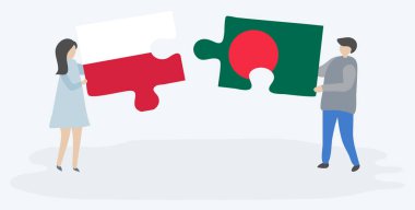 Çift Polonya ve Bangladeş bayrakları ile iki bulmaca parçaları tutan. Polonya ve Bangladeş ulusal sembolleri birlikte.