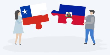 Şili ve Haiti bayrakları ile iki bulmaca parçaları tutan çift. Şili ve Haiti ulusal sembolleri birlikte.
