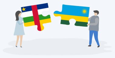 Orta Afrika ve Ruanda bayrakları ile iki bulmaca parçaları tutan çift. Orta Afrika Cumhuriyeti ve Ruanda ulusal sembolleri birlikte.