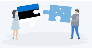 Estonya ve Mikronezya bayrakları ile iki bulmaca parçaları tutan çift. Estonya ve Mikronezya ulusal sembolleri birlikte.