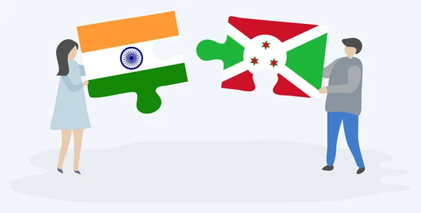 Casal Segurando Duas Peças Quebra Cabeças Com Bandeiras Indianas Burundianas — Vetor de Stock