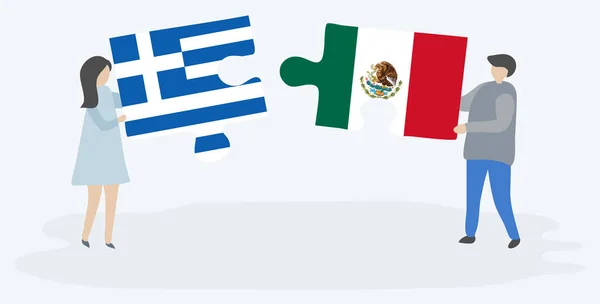 Par Som Innehar Två Pusselbitar Med Grekiska Och Mexikanska Flaggor — Stock vektor