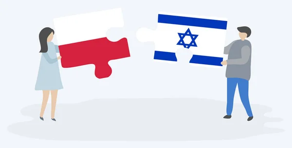 ポーランドとイスラエルの旗を持つ2つのパズルのピースを保持しているカップル ポーランドとイスラエルの国旗 — ストックベクタ