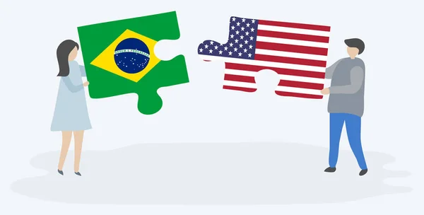 Casal Segurando Duas Peças Quebra Cabeças Com Bandeiras Brasileiras Americanas —  Vetores de Stock