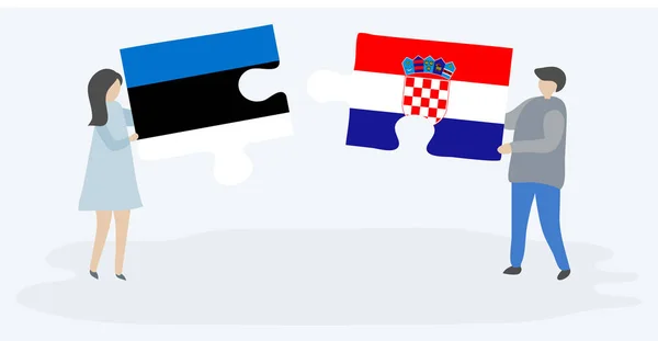 Casal Segurando Duas Peças Quebra Cabeças Com Bandeiras Estonianas Croatas — Vetor de Stock