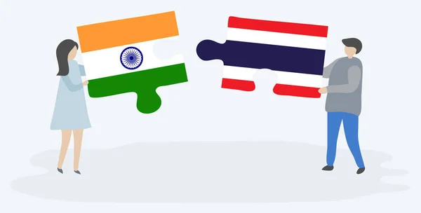 Couple Tenant Deux Pièces Puzzles Avec Des Drapeaux Indiens Thaïlandais — Image vectorielle