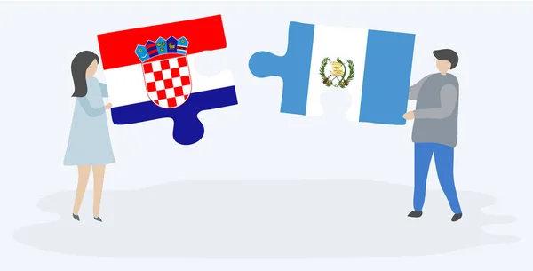 Ζευγάρι Που Κρατά Δύο Κομμάτια Παζλ Σημαίες Της Κροατίας Και — Διανυσματικό Αρχείο