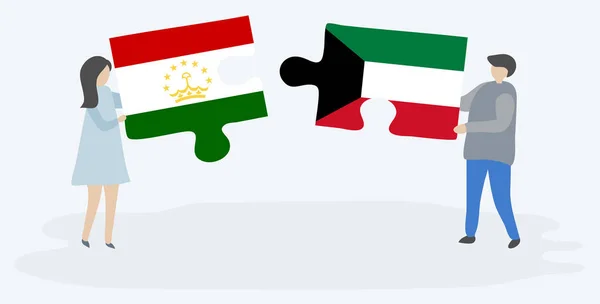 Пара Держащая Две Головоломки Таджикским Кувейтским Флагами Таджикистан Кувейт Вместе — стоковый вектор