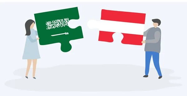 Para Trzymania Dwóch Puzzli Arabii Saudyjskiej Flag Austriackich Symbole Narodowe — Wektor stockowy