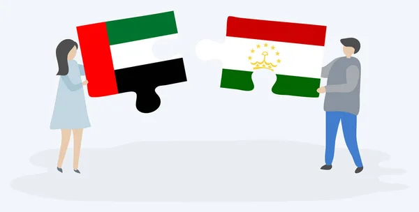 Пара Держащая Две Головоломки Эмирийскими Таджикскими Флагами Объединенные Арабские Эмираты — стоковый вектор