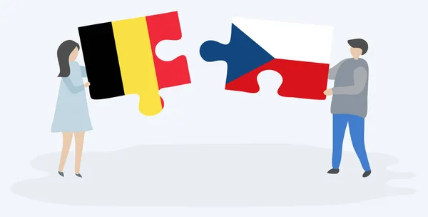 Casal Segurando Duas Peças Quebra Cabeças Com Bandeiras Belgas Checas — Vetor de Stock