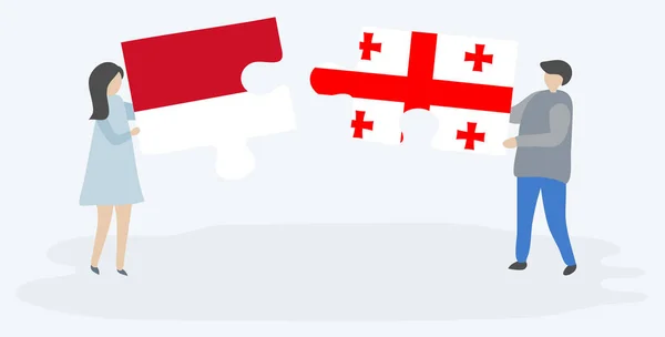 Пара Держащая Две Головоломки Индонезийским Грузинским Флагами Индонезия Грузия Вместе — стоковый вектор