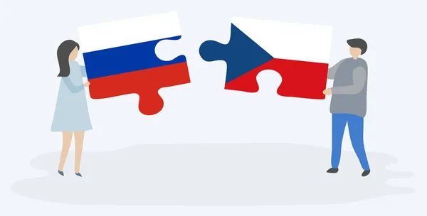 Couple Holding Two Puzzles Pieces Russian Czech Flags Russia Czech — Stock Vector