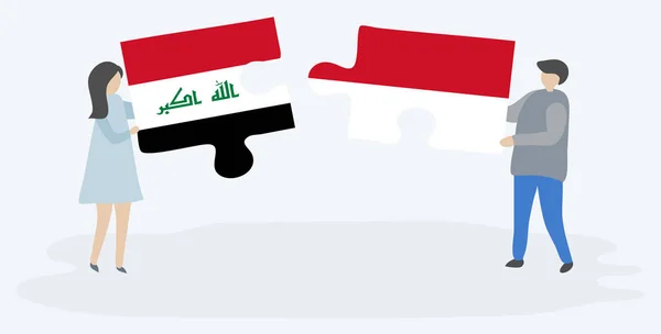 Pareja Sosteniendo Dos Piezas Rompecabezas Con Banderas Iraquíes Indonesias Iraq — Vector de stock