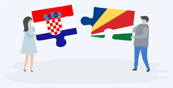 Ζευγάρι Που Κρατά Δύο Κομμάτια Παζλ Σημαίες Κροατών Και Σεϋχελλών — Διανυσματικό Αρχείο