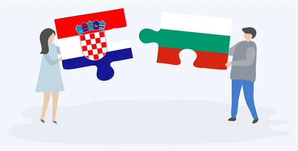 Ζευγάρι Που Κρατά Δύο Κομμάτια Παζλ Κροατικές Και Βουλγαρικές Σημαίες — Διανυσματικό Αρχείο