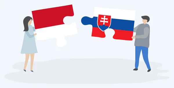 Pareja Sosteniendo Dos Piezas Rompecabezas Con Banderas Indonesia Eslovaquia Indonesia — Vector de stock