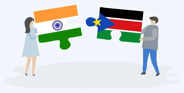 Couple Tenant Deux Pièces Puzzles Avec Des Drapeaux Indiens Sud — Image vectorielle