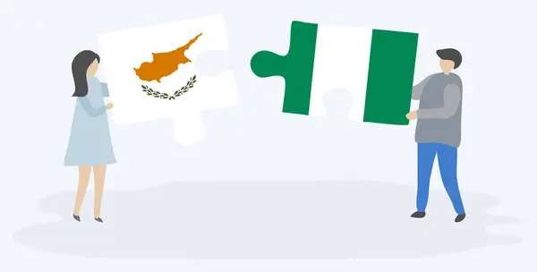 Casal Segurando Duas Peças Quebra Cabeças Com Bandeiras Cipriotas Nigerianas — Vetor de Stock