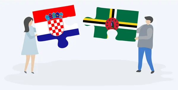 Casal Segurando Duas Peças Quebra Cabeças Com Bandeiras Croatas Dominicanas — Vetor de Stock