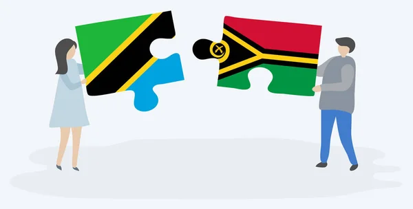 Couple Tenant Deux Pièces Puzzles Avec Des Drapeaux Tanzaniens Vanuatuans — Image vectorielle