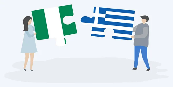 Ζευγάρι Που Κρατά Δύο Κομμάτια Παζλ Νιγηριανές Και Ελληνικές Σημαίες — Διανυσματικό Αρχείο