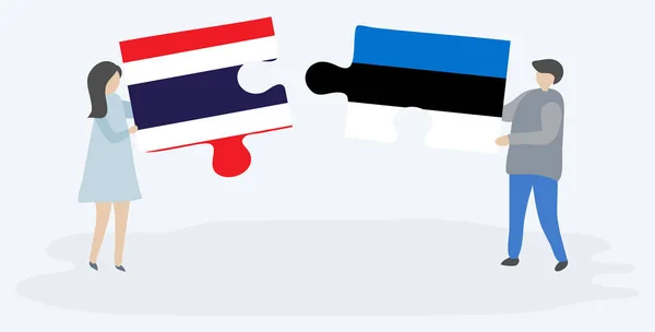 Couple Holding Two Puzzles Pieces Thai Estonian Flags Thailand Estonia — Stock Vector