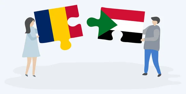 Pareja Sosteniendo Dos Piezas Rompecabezas Con Banderas Chad Sudán Chad — Vector de stock