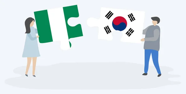 Couple Holding Two Puzzles Pieces Nigerian South Korean Flags Nigeria — Stock Vector