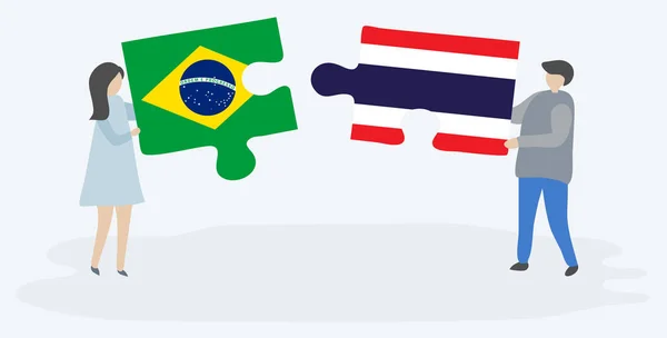 Ζευγάρι Που Κρατά Δύο Κομμάτια Παζλ Βραζιλιάνικα Και Ταϊλανδικά Σημαίες — Διανυσματικό Αρχείο