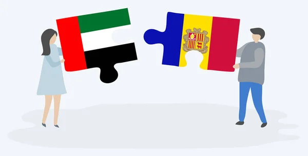 Pareja Sosteniendo Dos Piezas Rompecabezas Con Banderas Emirian Andorran Emiratos — Vector de stock