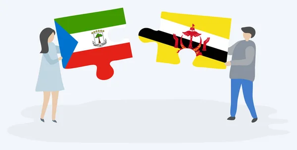 一对夫妇拿着两块拼图 上面挂着赤道几内亚和文莱国旗 赤道几内亚和文莱国家符号在一起 — 图库矢量图片