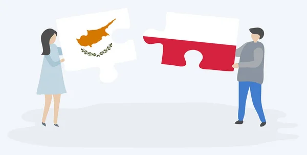 キプロスとポーランドの旗を持つ2つのパズルのピースを保持しているカップル キプロスとポーランドの国のシンボル — ストックベクタ