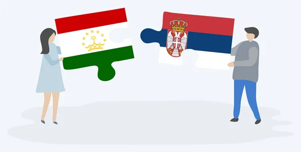Casal Segurando Duas Peças Quebra Cabeças Com Bandeiras Tajiquistanesas Sérvias —  Vetores de Stock