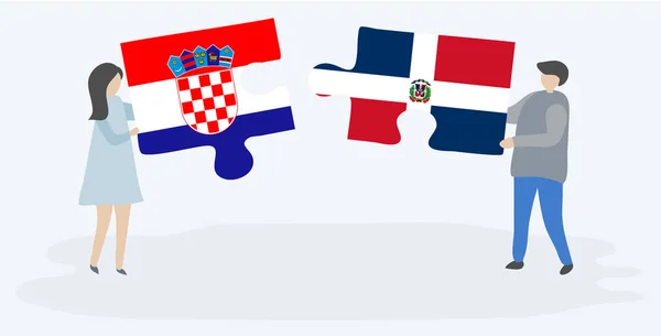 Ζευγάρι Που Κρατά Δύο Κομμάτια Παζλ Κροατικές Και Δομινικανική Σημαίες — Διανυσματικό Αρχείο