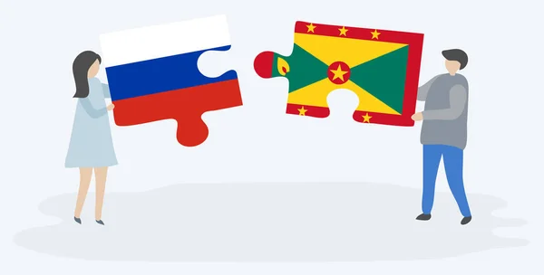 Para Trzymania Dwóch Puzzli Rosyjskimi Grenadyjskich Flag Symbole Narodowe Rosji — Wektor stockowy