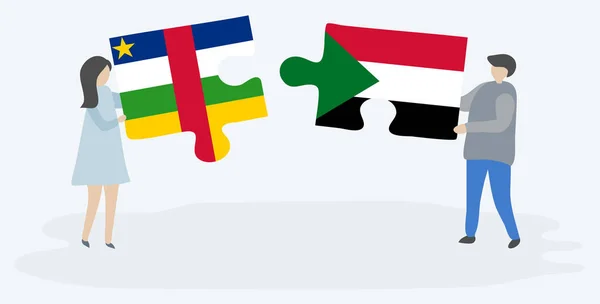 Paar Houden Twee Puzzels Stukken Met Centraal Afrikaanse Sudanese Vlaggen — Stockvector