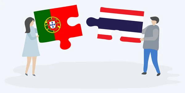 Paar Mit Zwei Puzzleteilen Mit Portugiesischen Und Thailändischen Flaggen Portugiesische — Stockvektor