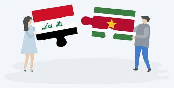 Paar Mit Zwei Puzzleteilen Mit Irakischen Und Surinamesischen Flaggen Irakische — Stockvektor