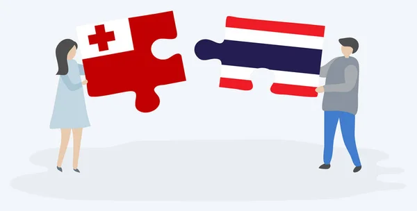 Pareja Sosteniendo Dos Piezas Rompecabezas Con Banderas Tongan Thai Tonga — Archivo Imágenes Vectoriales
