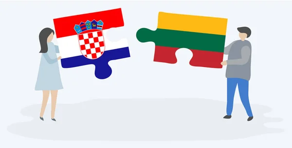 Casal Segurando Duas Peças Quebra Cabeças Com Bandeiras Croatas Lituanas — Vetor de Stock