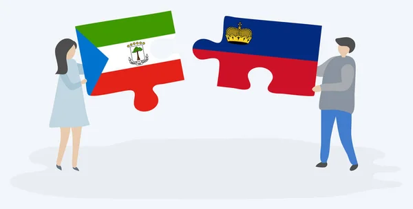 Paar Houden Twee Puzzels Stukken Met Equatoriale Guinean Liechtenstein Vlaggen — Stockvector