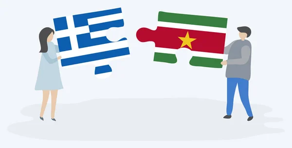 Yunan Surinam Bayrakları Ile Iki Bulmaca Parçaları Tutan Çift Yunanistan — Stok Vektör