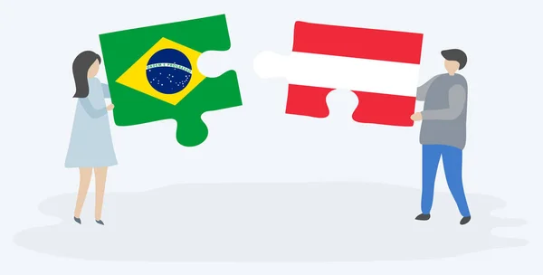 Couple Tenant Deux Pièces Puzzles Avec Des Drapeaux Brésiliens Autrichiens — Image vectorielle